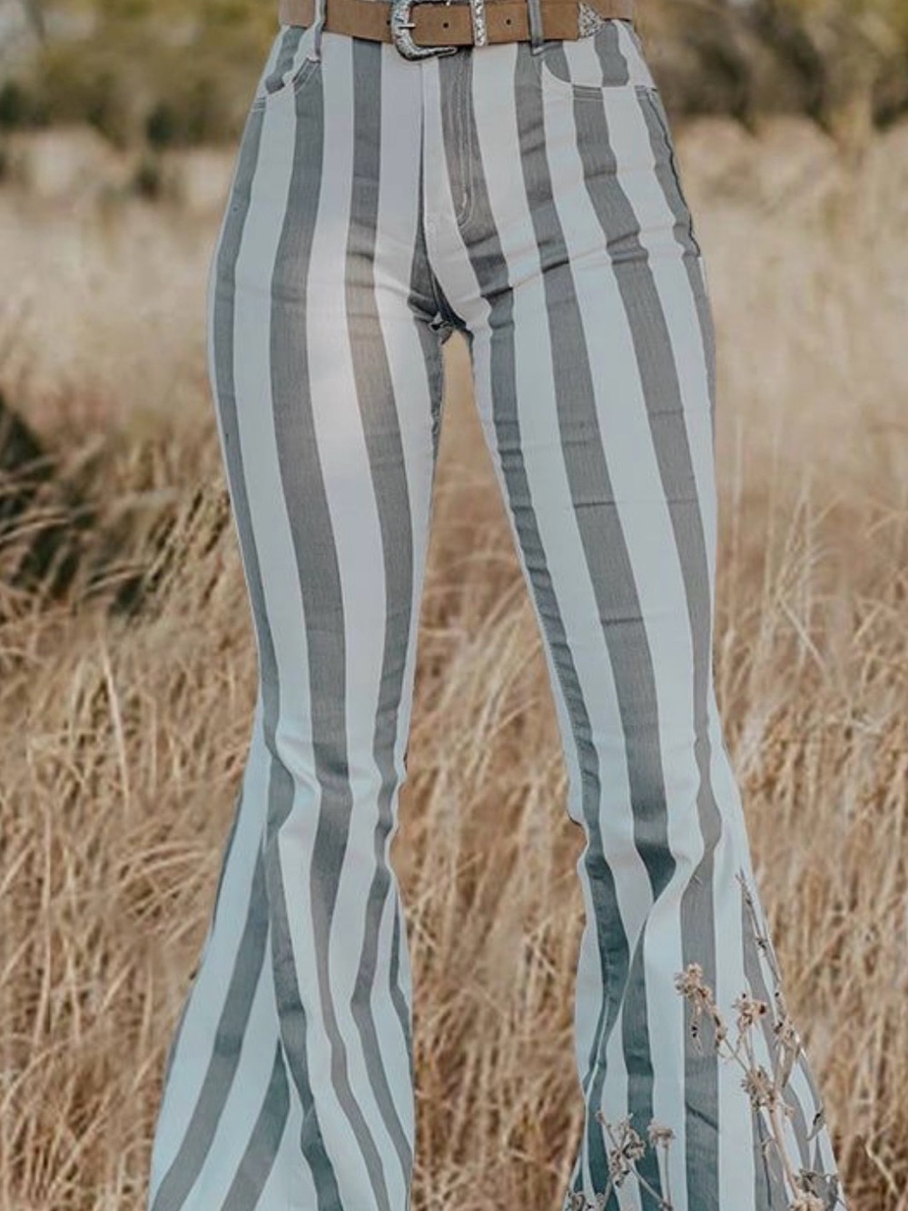 Striped Gray & White Flare Jeans - Women's Wide Leg